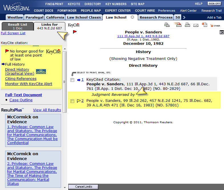 Westlaw: The KeyCite Page includes the citing authorities in the Main Window on the right, and links in the Contents Window on the left